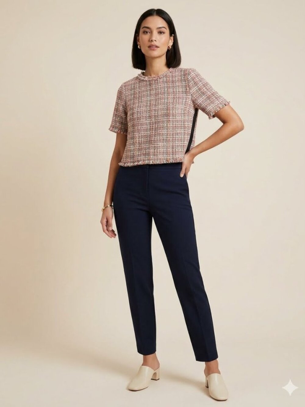 Zara Tweed Fringe Crop Top Multicolor Preppy Style Plaid Short Sleeve Size M